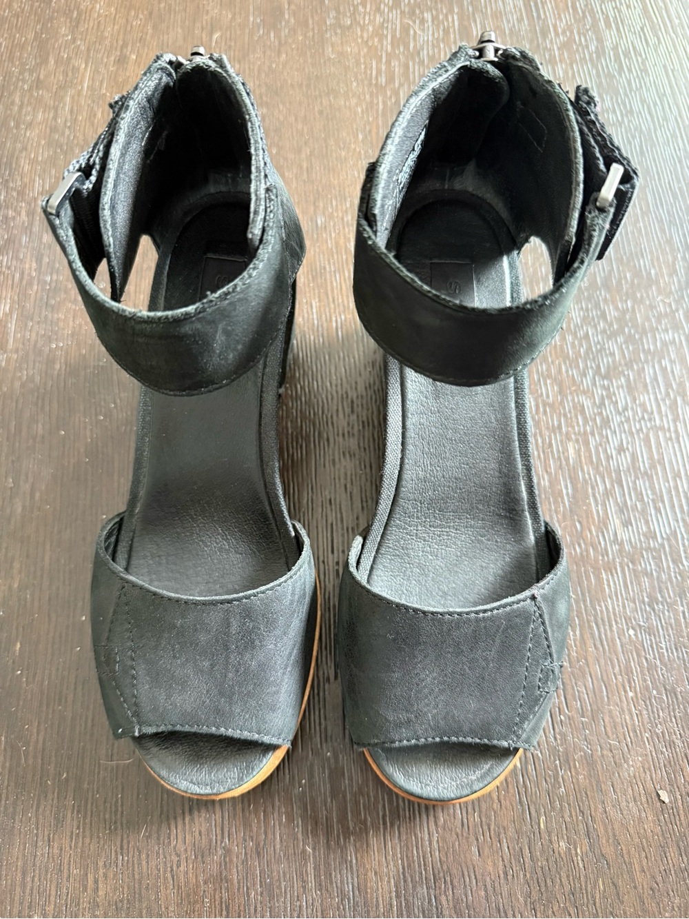 Sorel Black Leather Open-Toe Ankle-Strap Heels
